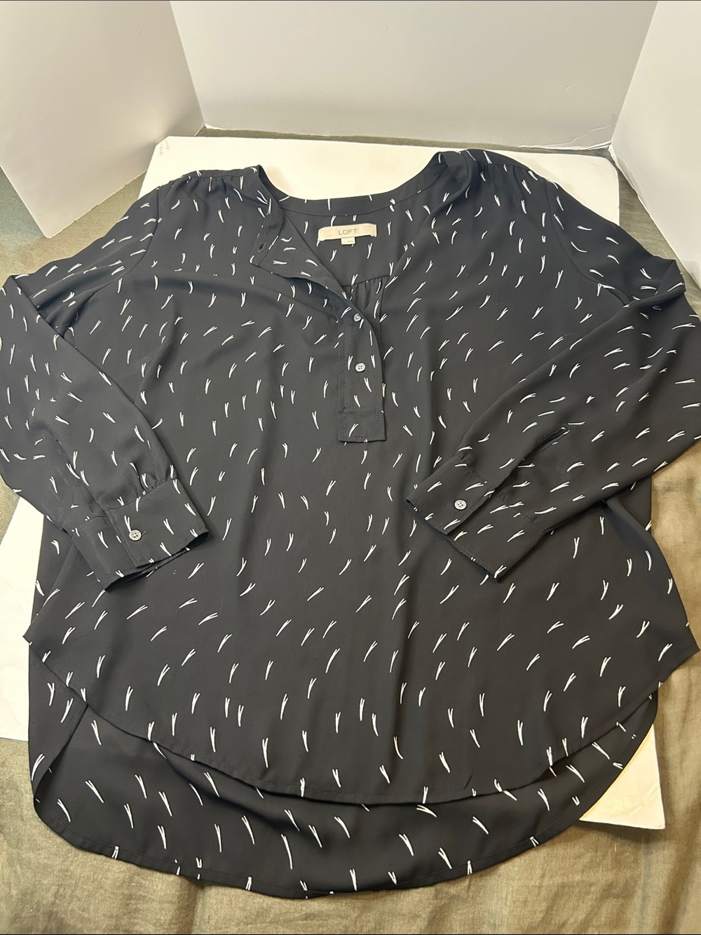 LOFT Black Printed Long-Sleeve Henley Blouse